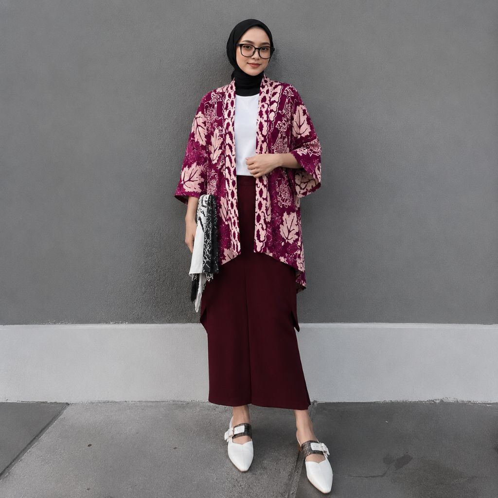 OUTER BATIK WANITA KIMONO HITAM PUTIH OUTER HIJAB KEKINIAN KIMONO BATIK MODERN