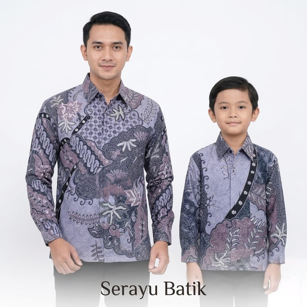 Ungu Lilac Batik Pasangan Bapak Dan Anak Katun Solo Premium Lengan Panjang Batik Bapak Batik Anak La