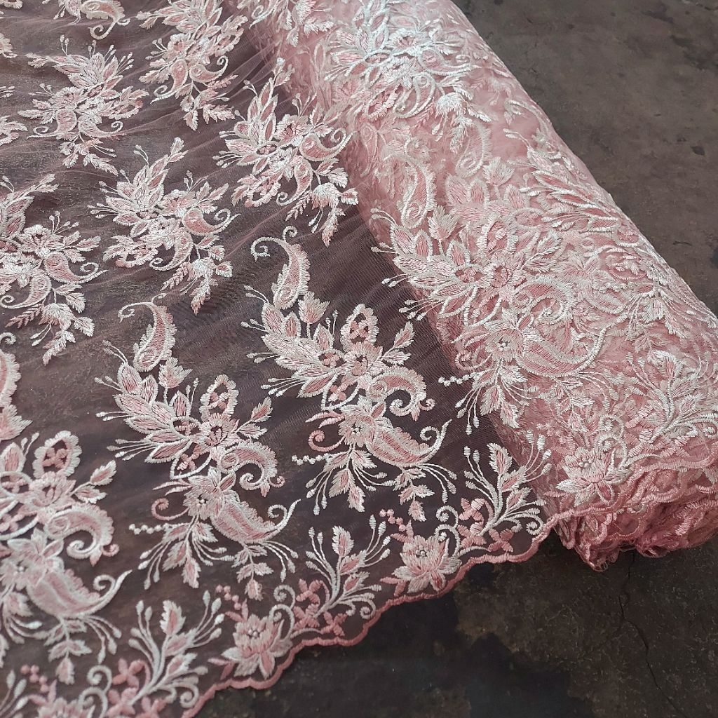 kain tile bordir Premium  - Kain tile bordir mewah  - kain tile bordir motif timbul ( pink) d