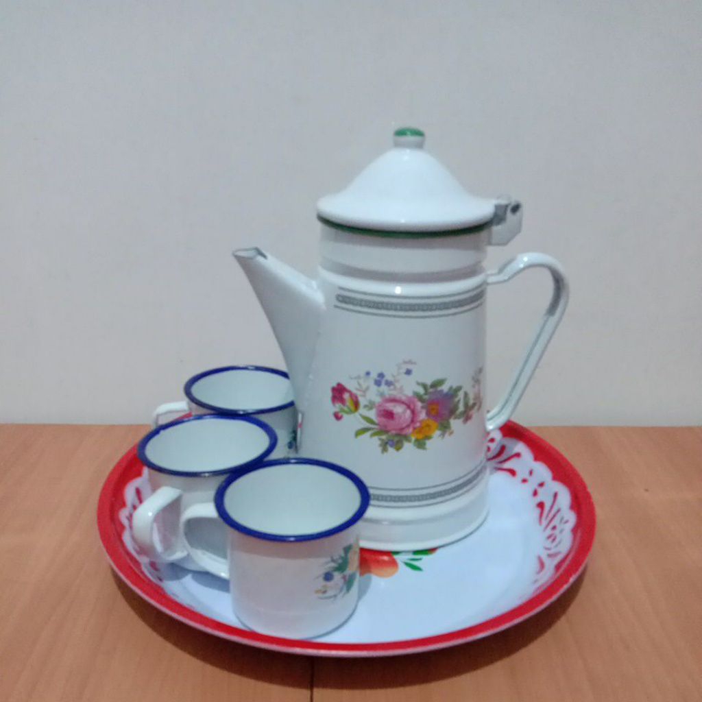 Paket Teko Cangkir Nampan Jadul Enamel Tebal Warna putih motif bunga