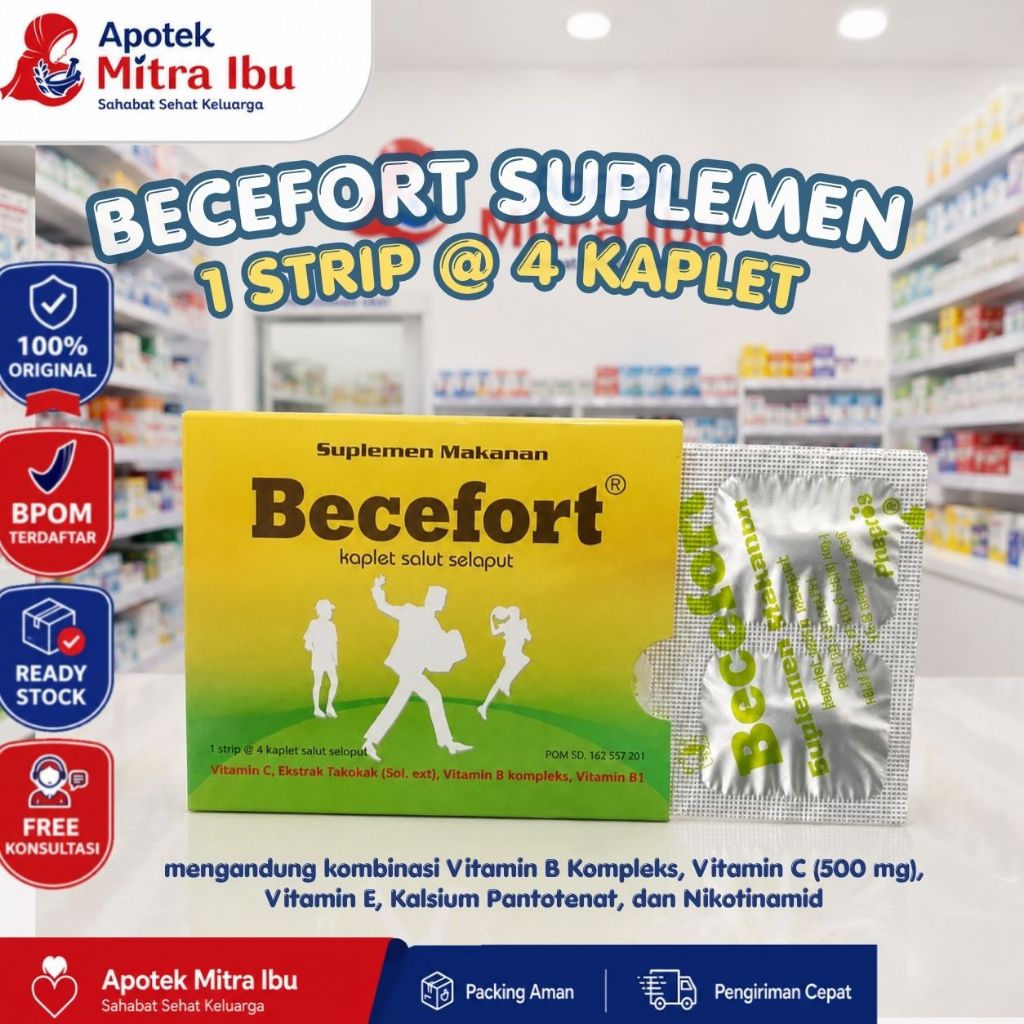 BECEFORT suplemen makanan 1 strip @ 4 kaplet salut selaput / Suplemen Multivitamin / Vitamin B Kompl