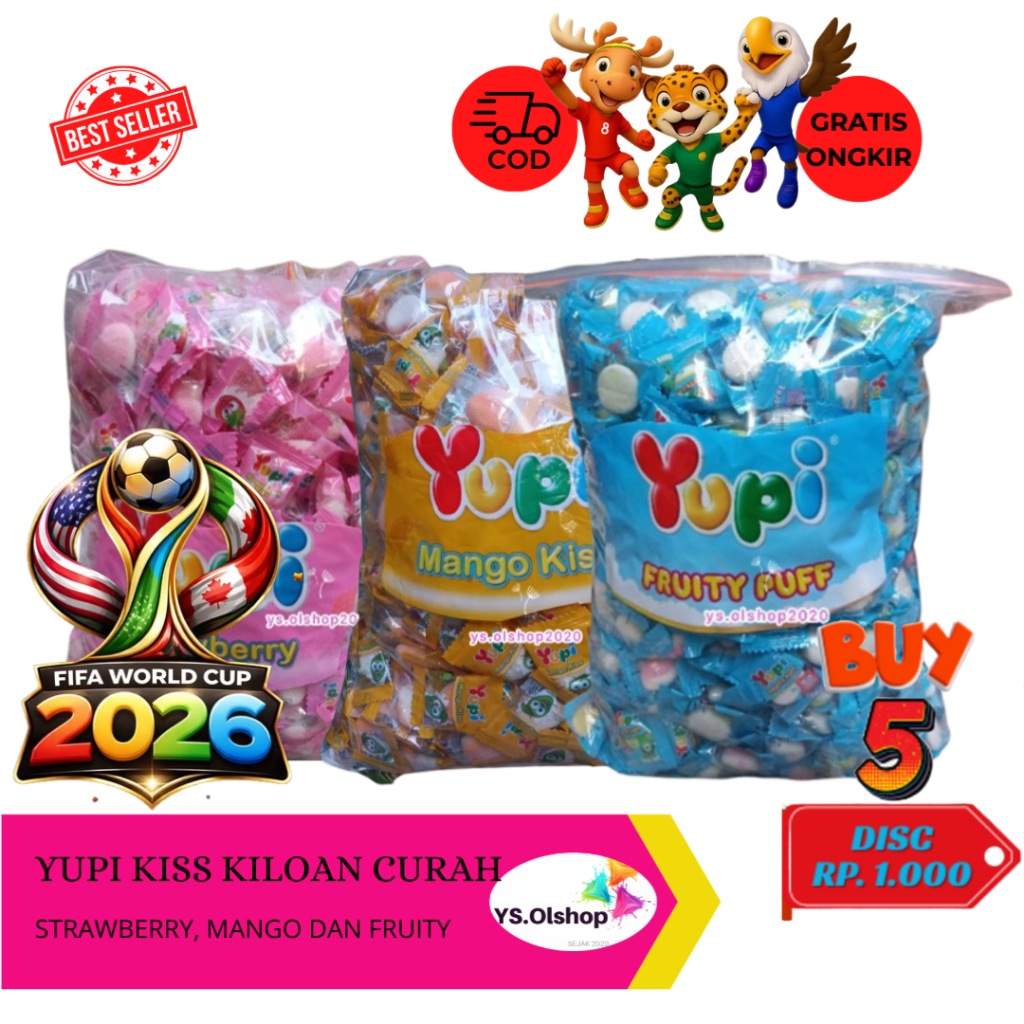 Yupi kiss Strawberry, Mango Kiss & Fruity Puff Reseller Kiloan