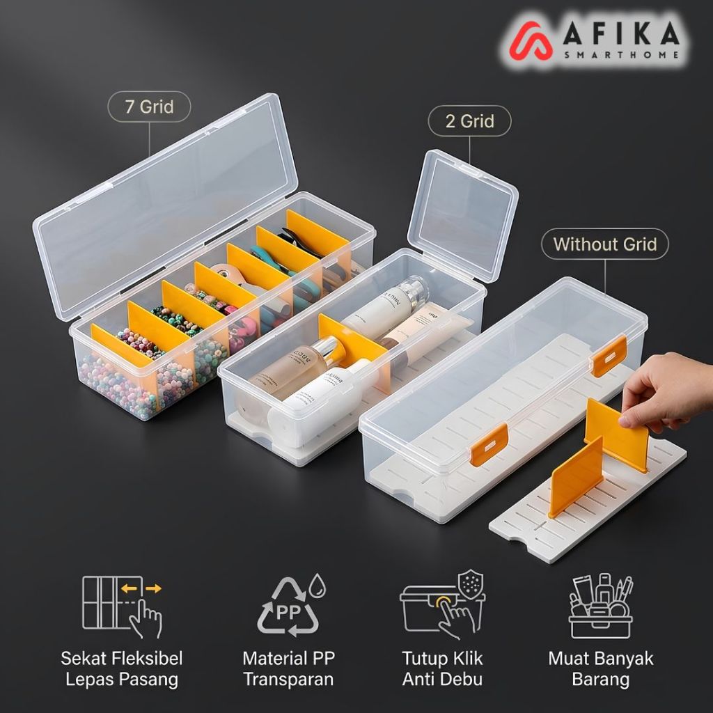 Kotak Penyimpanan Serbaguna Sekat Lepas Pasang Storage Box Plastik Transparan Organizer Kabel Kosmet