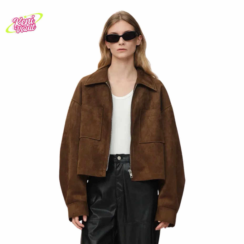 KENI Jaket Crop Suede Oversize Boxy Fit Brown Preloved
