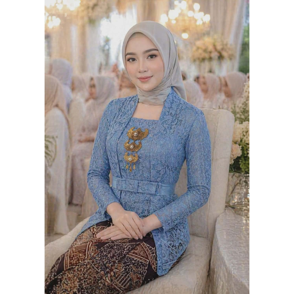 KEBAYA MODERN BIRU LIMITED ATASAN KEBAYA KUTUBARU FREE OBI LENGAN 7/8 BAHAN BROKAT SEMI PRANCIS LAPI