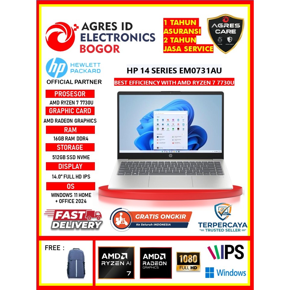 [ READY STOCK ] Hp 14 SERIES EM0731AU Amd Ryzen 7 7730U Ram 16gb DDR4 SSD 512gb Windows 11 + OHS 14.