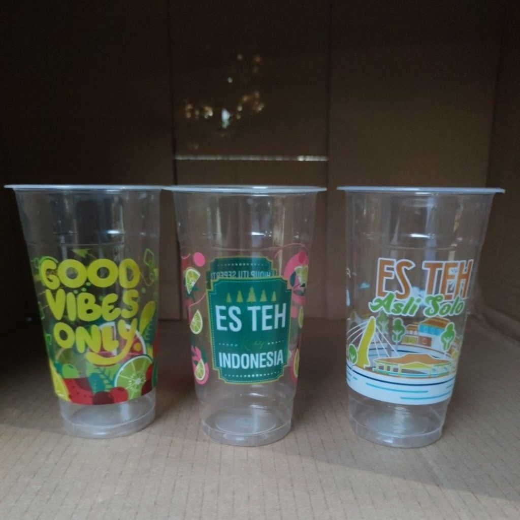 ( ISI 50 PCS ) GELAS PRINTING 22 OZ DATAR ES TEH INDONESIA , GOOD VIBES , ES TEH SOLO