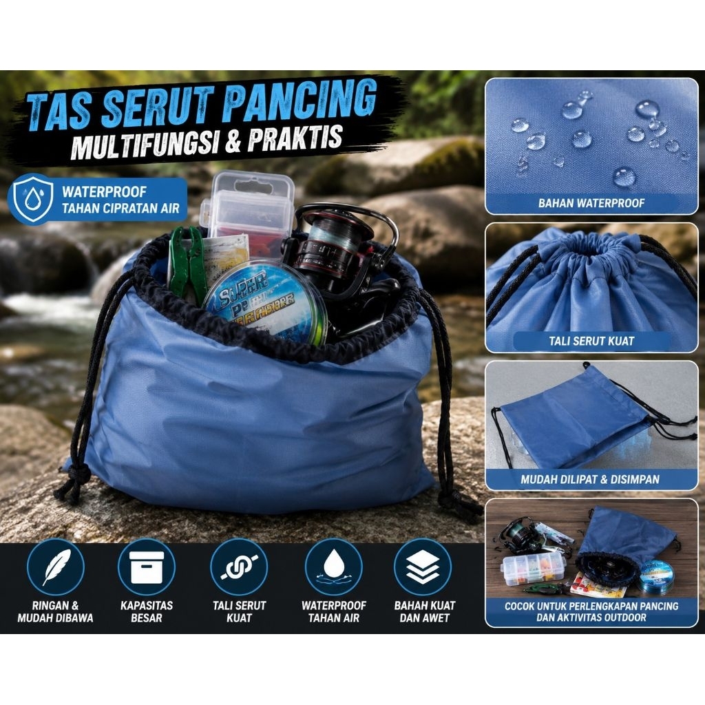 Tas Serut Pancing Waterproof Multifungsi - Tas Reel Umpan & Perlengkapan Mancing Ringan