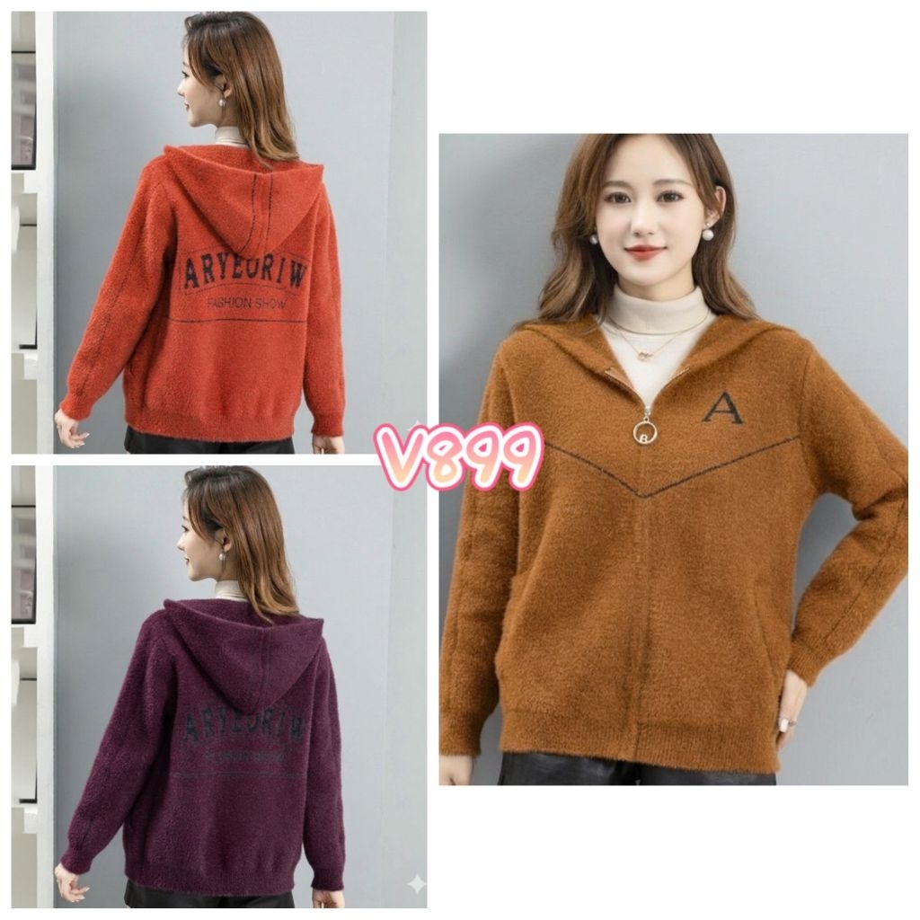 Jaket Hoodie Sweather Rajut Bulu Topi Zipper V899