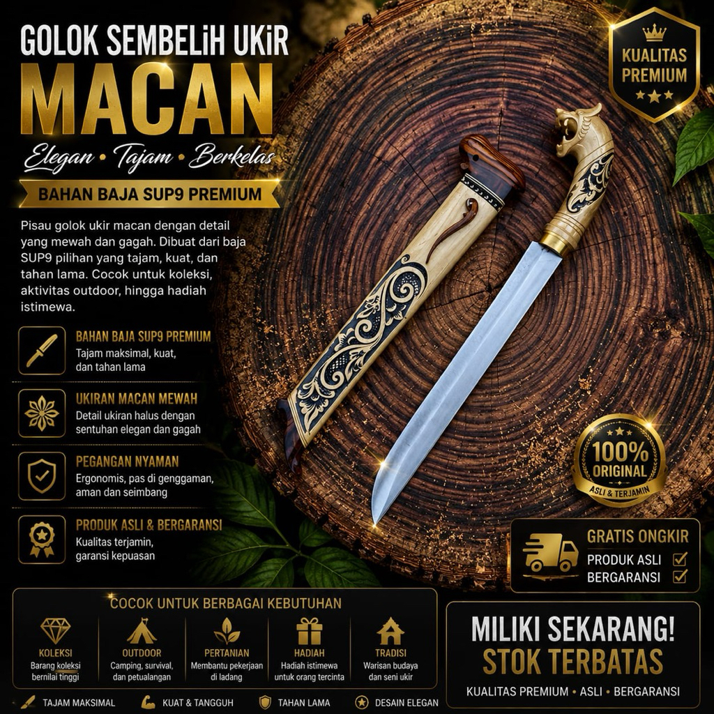 Pisau Sembelih Ukir Macan Baja Sup9 Sepuh