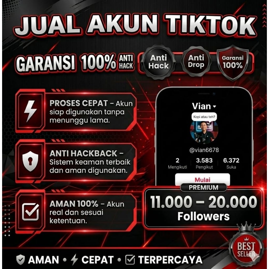 AKUN TIKTOK FOLLOWERS ( 10k - 20k foll) INDO AKTIF HASIL KONTEN FYP BISA LIVE