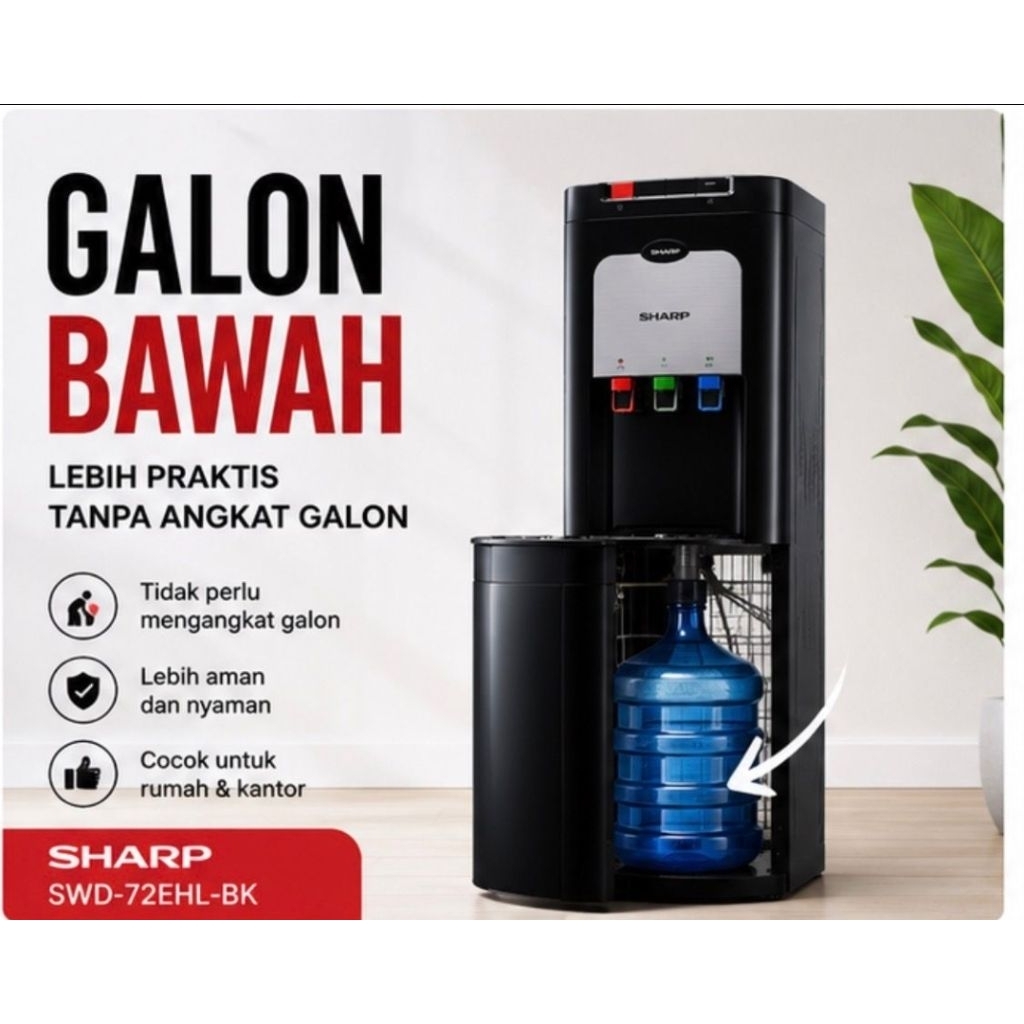 SHARP SWD72EHLBK Dispenser Galon Bawah 3 Kran Air Panas Dingin Normal Hemat Daya
