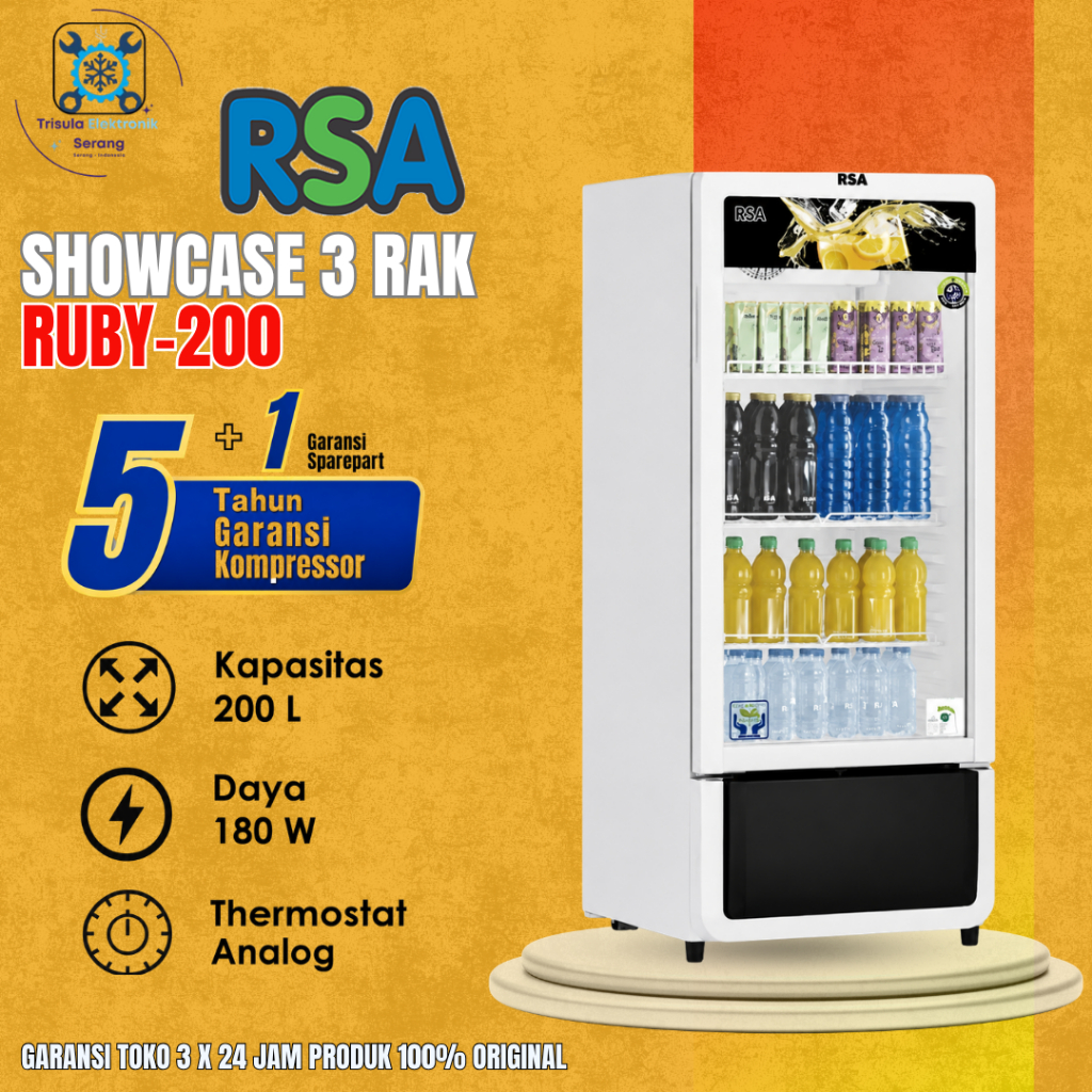 RSA SHOWCASE 3 RAK 200 LITER RUBY-200 LOW WATT, GARANSI RESMI