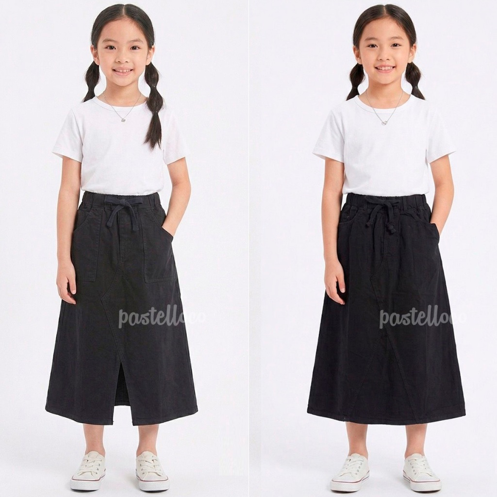 ROK SPAN ANAK PEREMPUAN PANJANG ROK JEANS ANAK Umur 4-18 Tahun Warna Hitam Pinggang Karet Tali