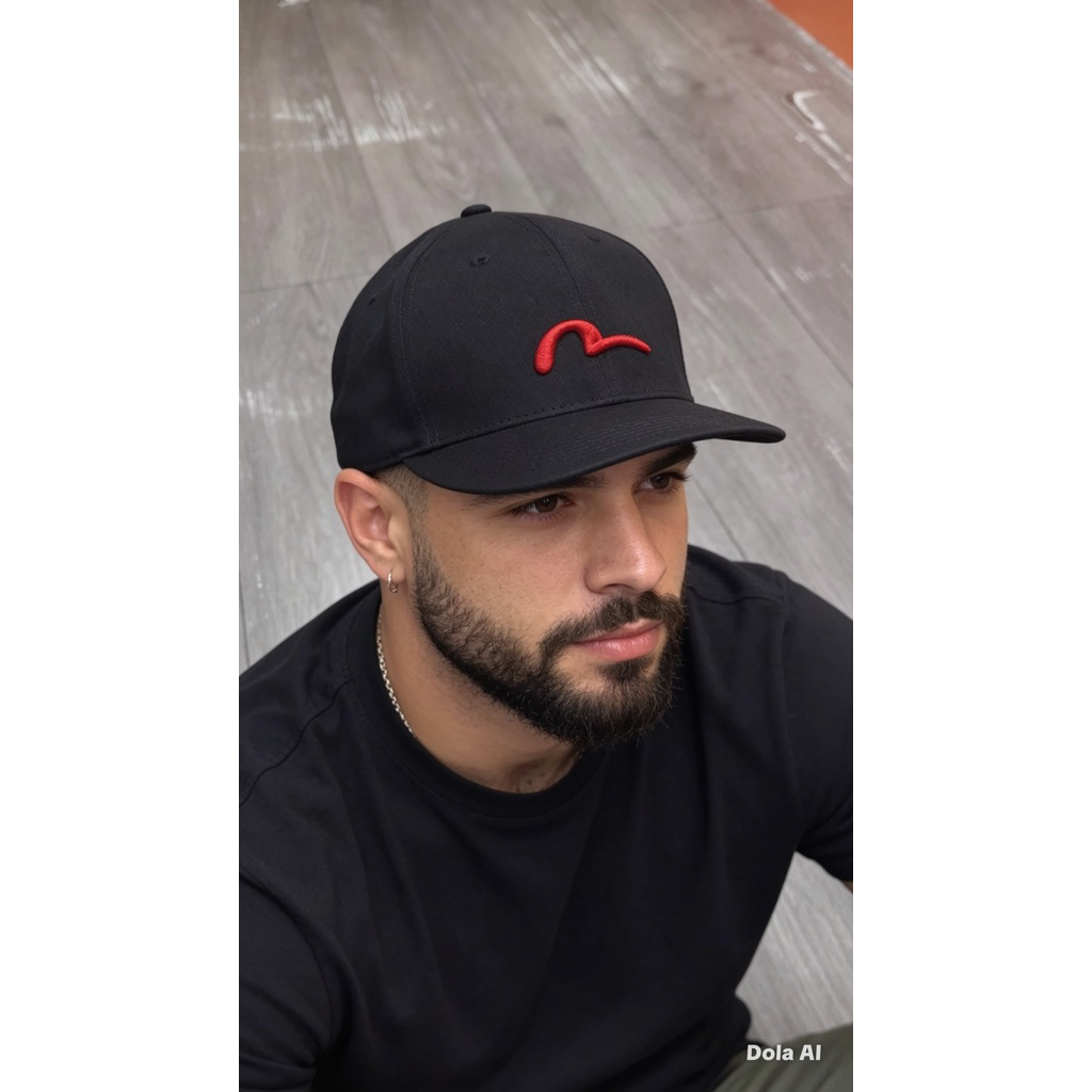 topi evisu premium hitam lis merah