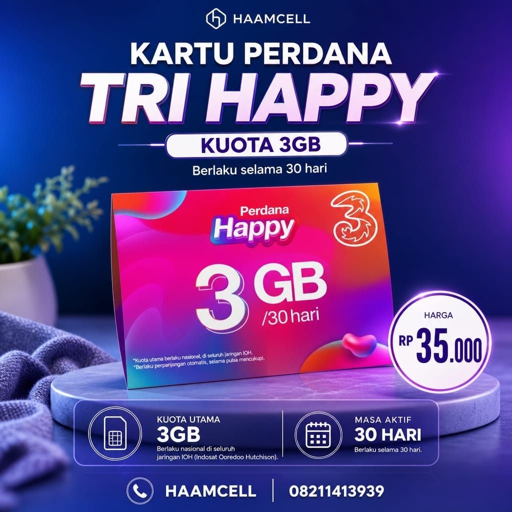 kartu perdana 3/tri kuota 3gb 30 hari