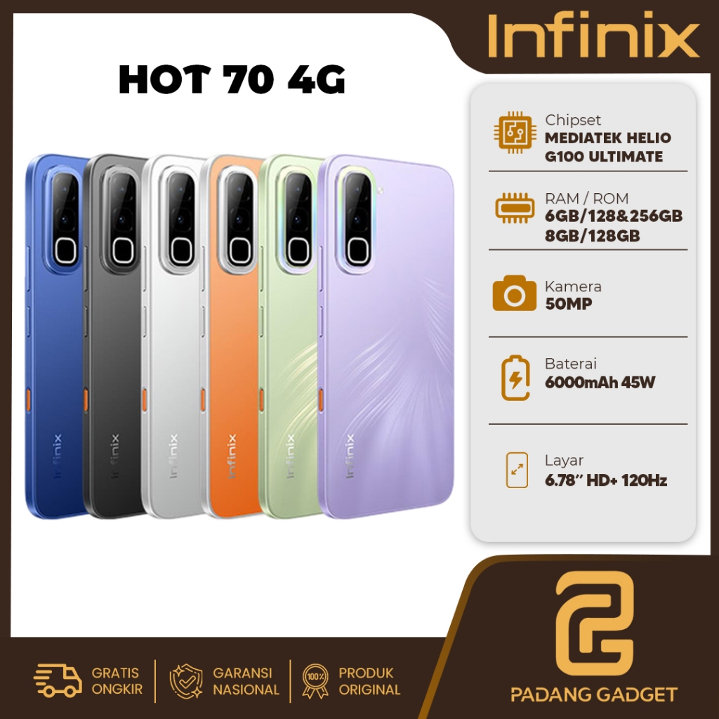 Infinix Hot 70 4/128GB 6/128GB 6/256GB 8/128GB HP Android Smartphoone Baru Garansi Resmi