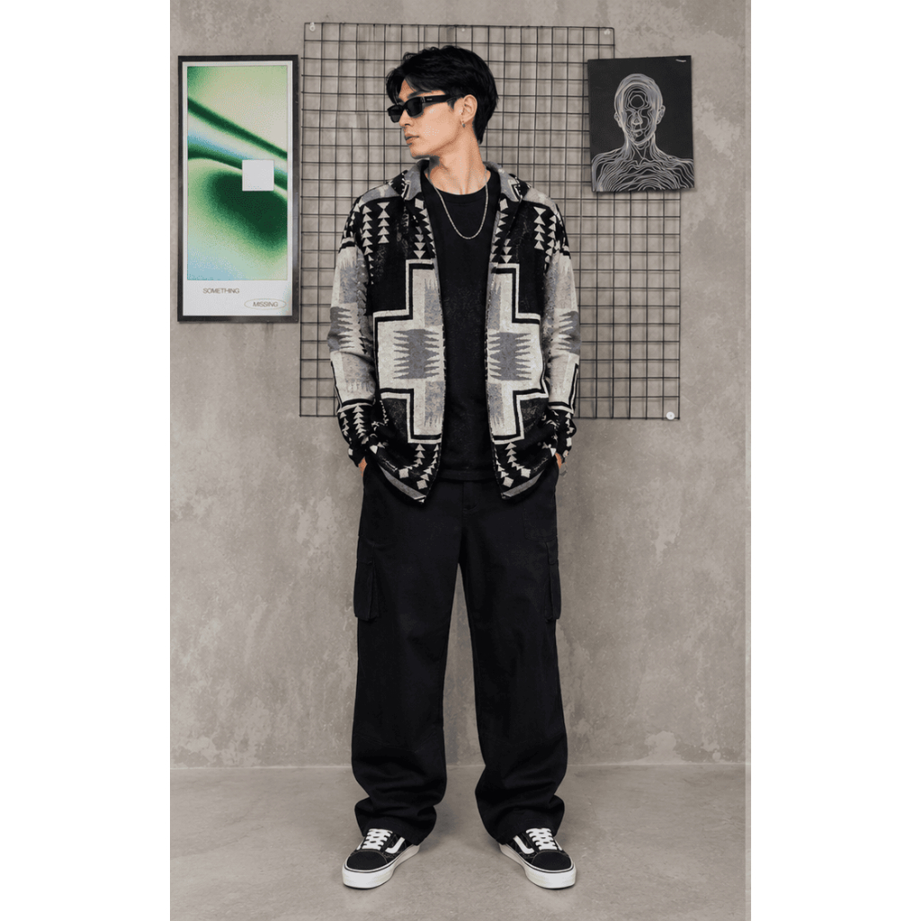 Local Motion Navajo Native Pattern Hooded Open-Front Knit