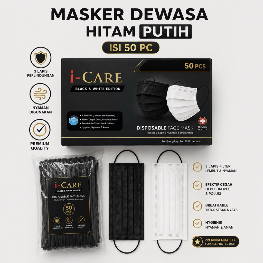 IBW-MASKER I CARE EARLOOP DEWASA PREMIUM 50PC 3PLY HITAM PUTIH