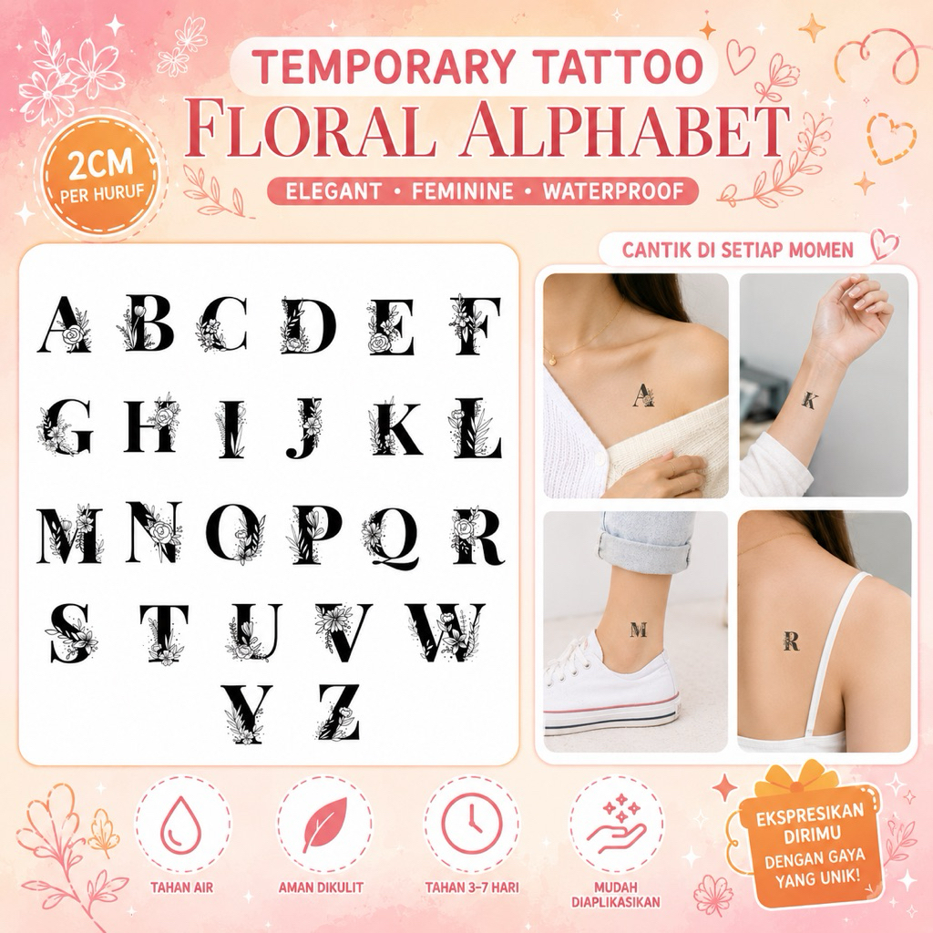 ST16 - STICKY TATTOO TEPORARY TATO TEMPORER STICKER STIKER ANTI AIR WATERPROOF HURUF A-Z INISIAL ALF