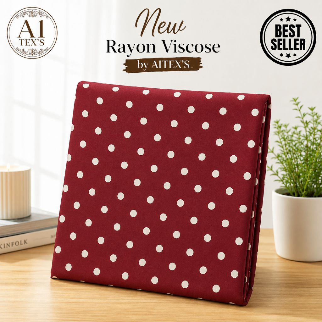 Kain Katun Rayon Viscose Premium - Kain Rayon Viscose Premium Motif Polkadot Merah Maroon - Kain Kat