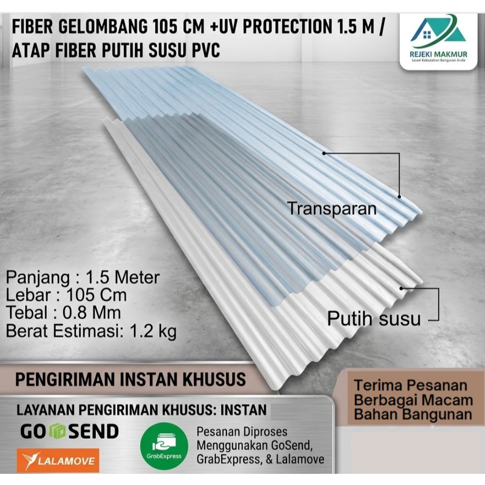 Fiber gelombang + UV protection 1.5 Meter x 105 cm x 0.8 mm Bening transparan / Atap Fiber putih sus