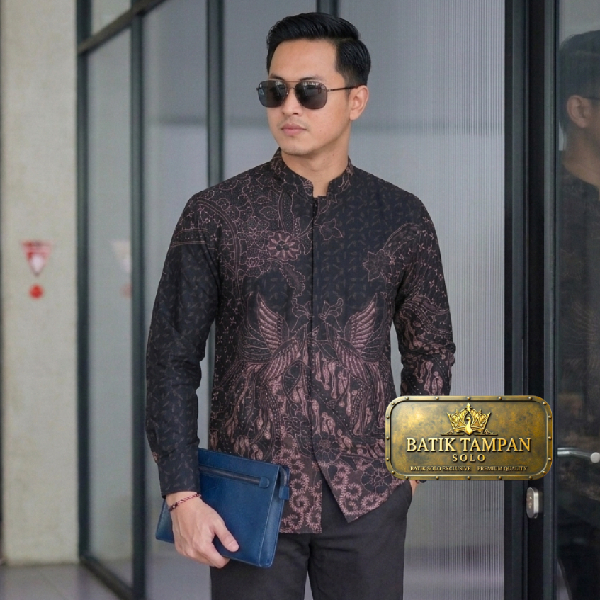 Kemeja Batik Pria Lengan Panjang Premium Peksi Kembar Hitam Lasem Laseman Kerah Koko Shanghai Mandar