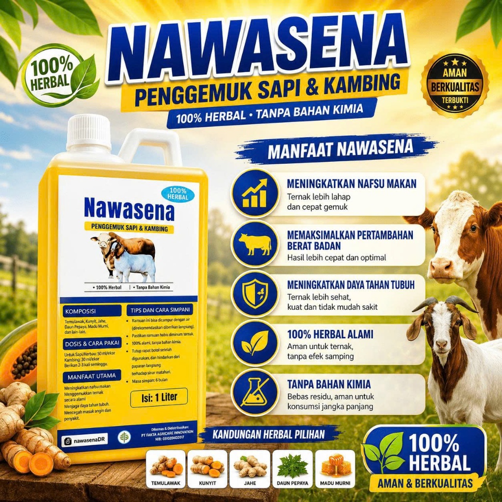 Nawasena Penggemuk Sapi & Kambing 1L – Nafsu Makan Naik, Bobot Cepat Bertambah, 100% Herbal