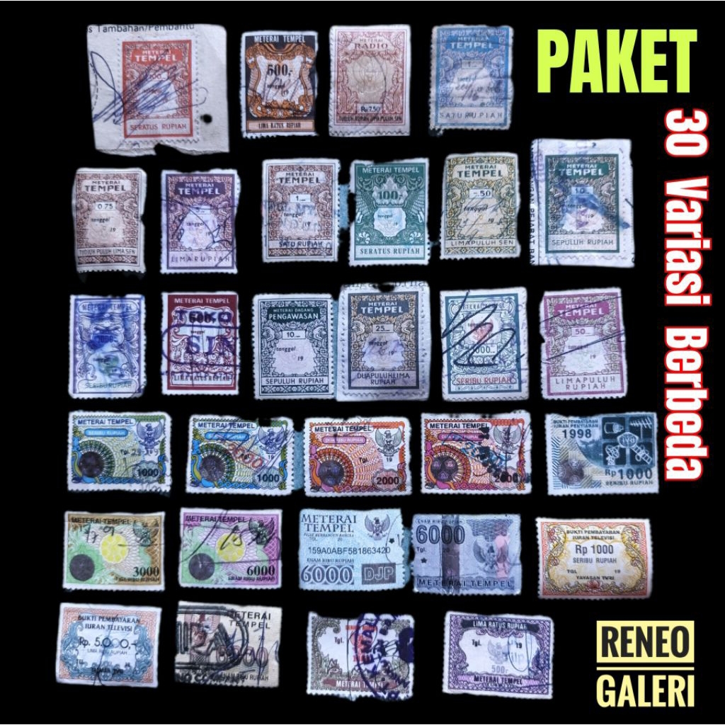 Paket 30 Variasi Materai Kuno Bekas meterai lama matrai metrai antik stempel pos lembar koleksi Fila