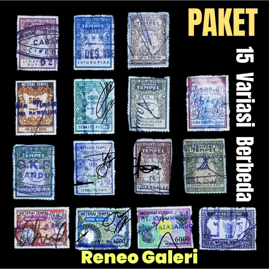 Paket 15 Variasi Materai Kuno Bekas meterai lama matrai metrai antik stempel pos lembar koleksi Fila