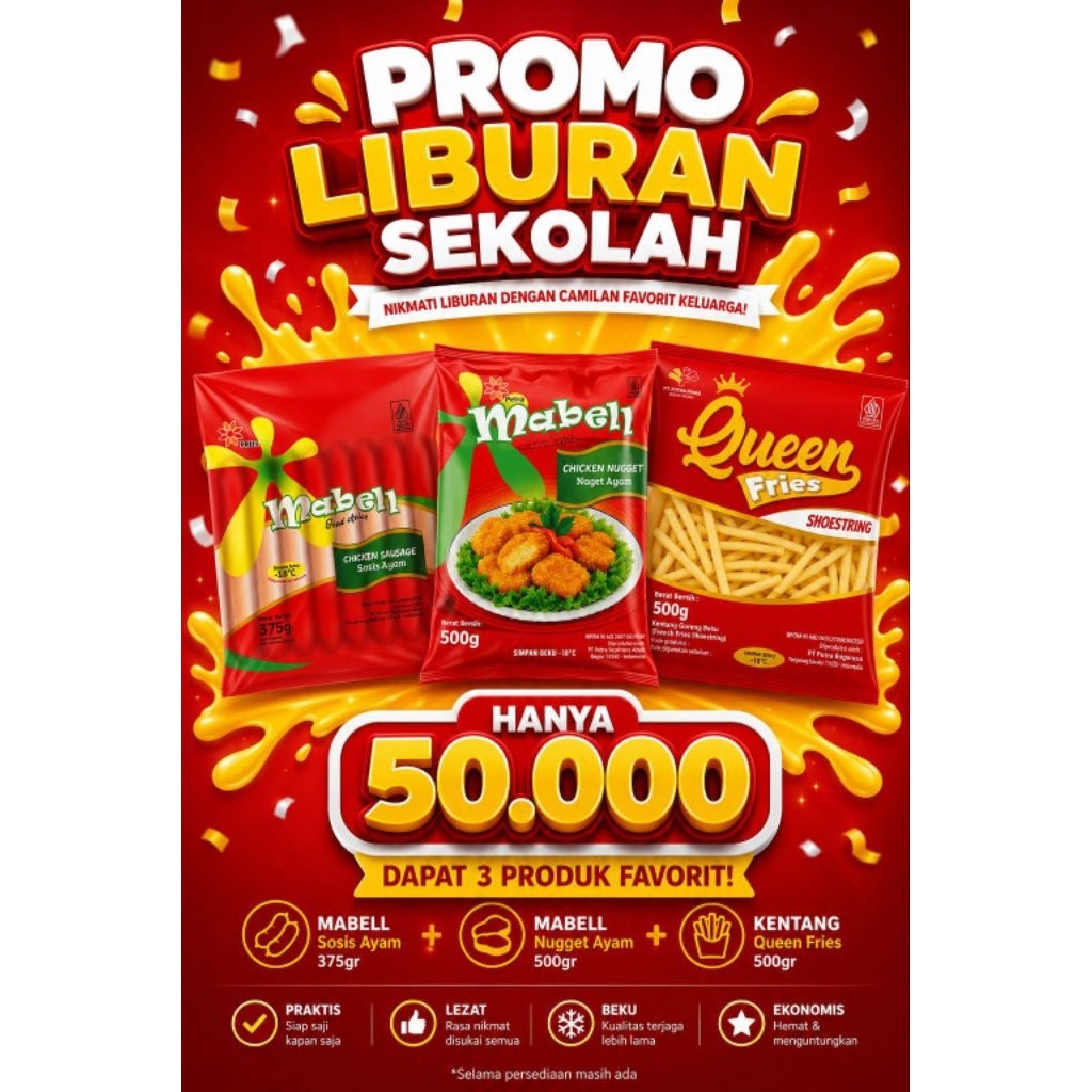 Promo hanya bulan Juni dapat 3 macam produk naget, sosis, kentang dari mabell