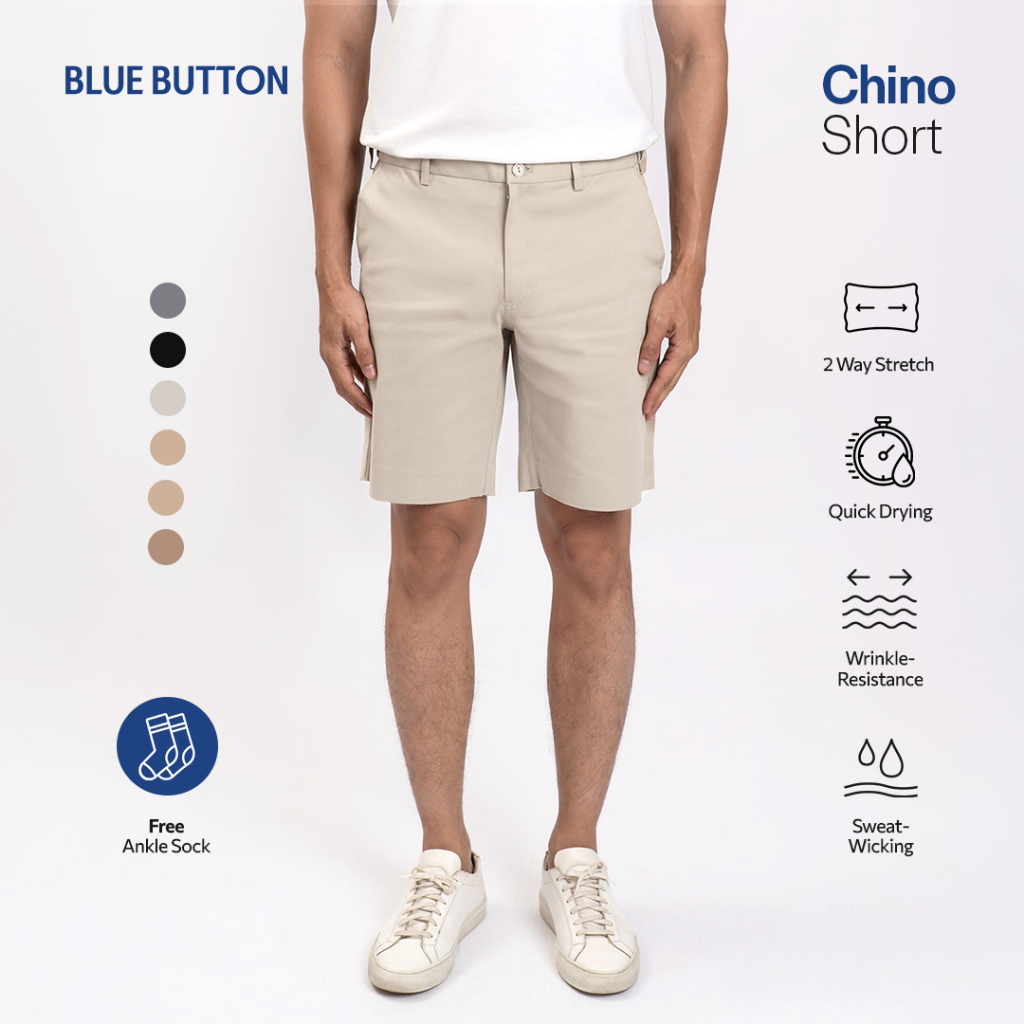 BLUEBUTTON Celana Pendek Pria Premium Chino Cream Stretch Slim Fit Nyaman