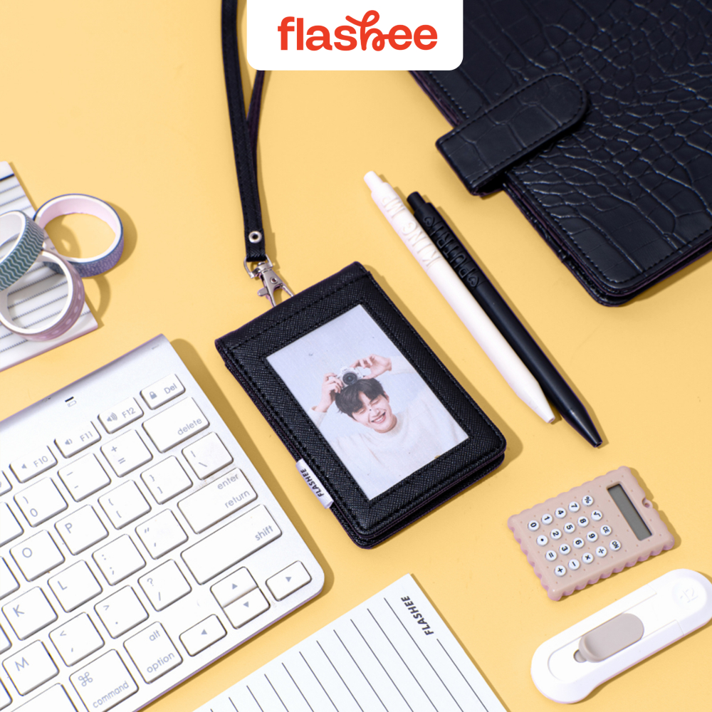 Flashee ID Card Holder Lanyard Harper Kulit Sintetis Name Tag Dua Sisi Bolak Balik Pria Wanita