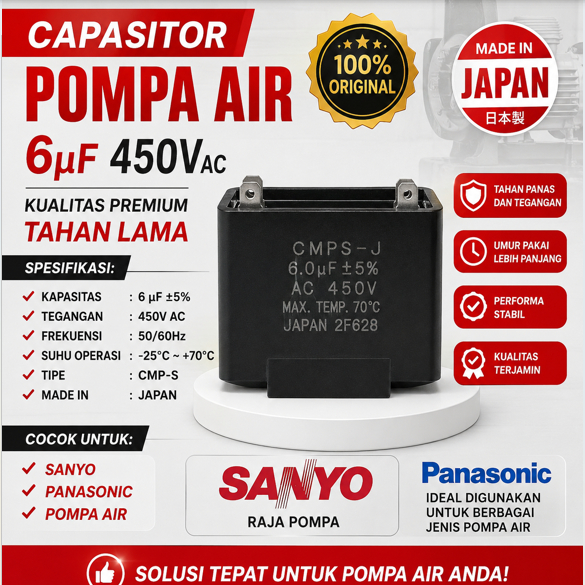 CAPASITOR/KAPASITOR POMPA AIR SANYO /PANASONIC 6UF 450 VOLT ORIGINAL MADE IN JAPAN