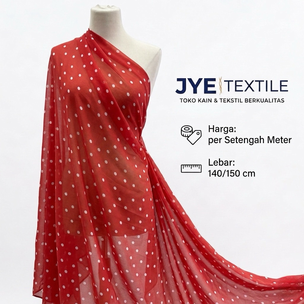 Kain Sifon Yoryu Motif Polkadot 0,5 cm warna merah putih – Bahan Adem, Flowing & Tidak Menerawang | 
