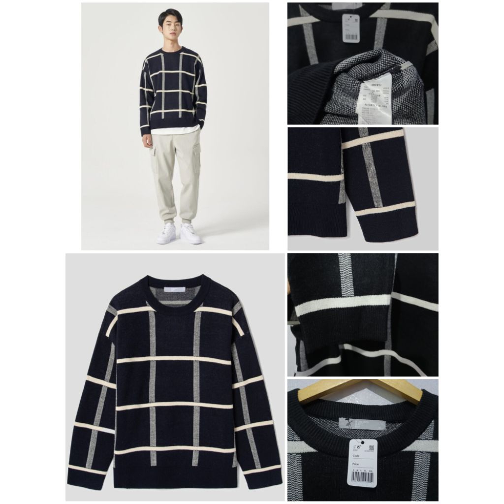 8 seconds Sweater Rajut Oneck Motik kotak-kotak Rajut hitam putih size XL