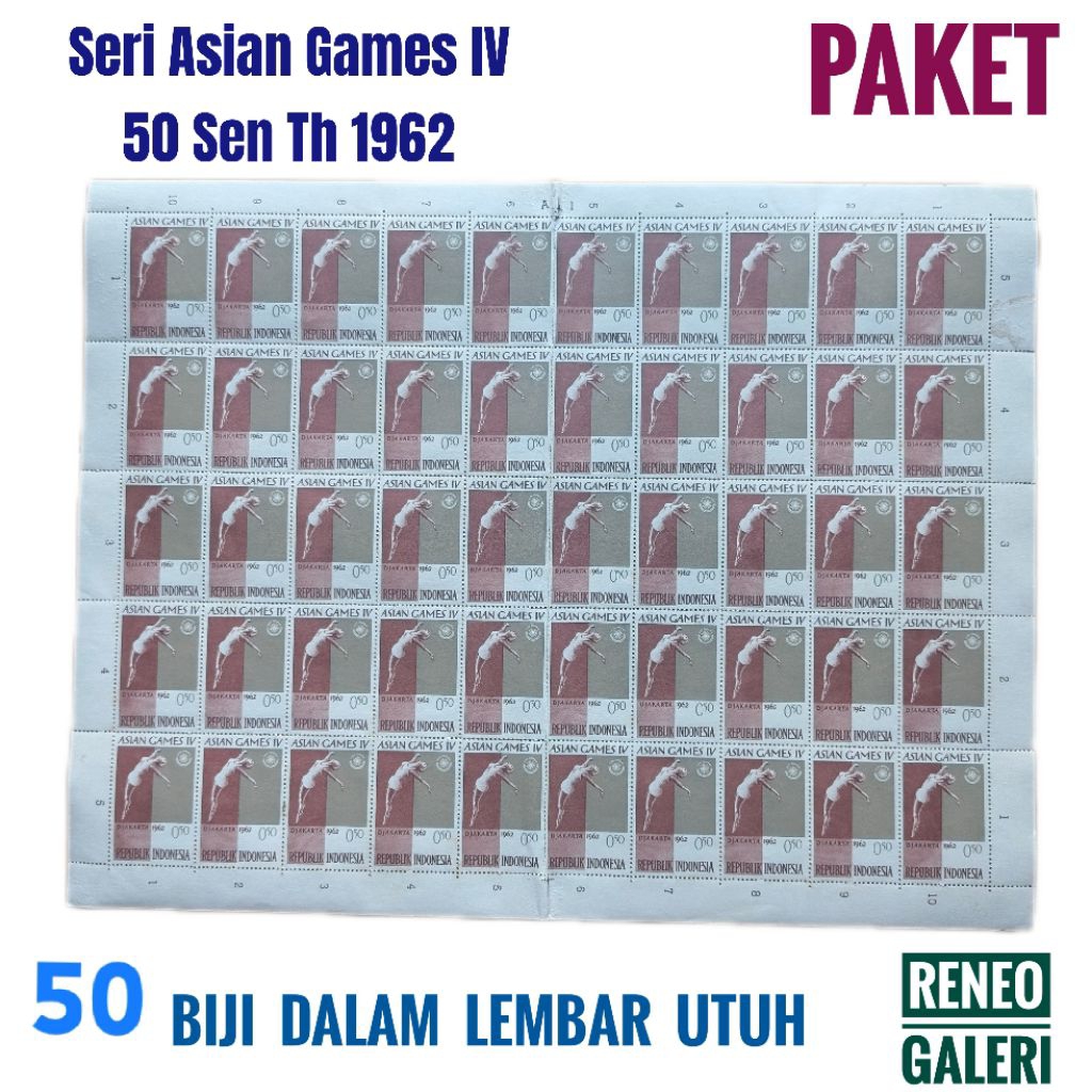 Paket 50 pcs dalam lembar utuh Prangko Seri Asian Games IV tahun 1962 Fulset blok perangko lama 50 s