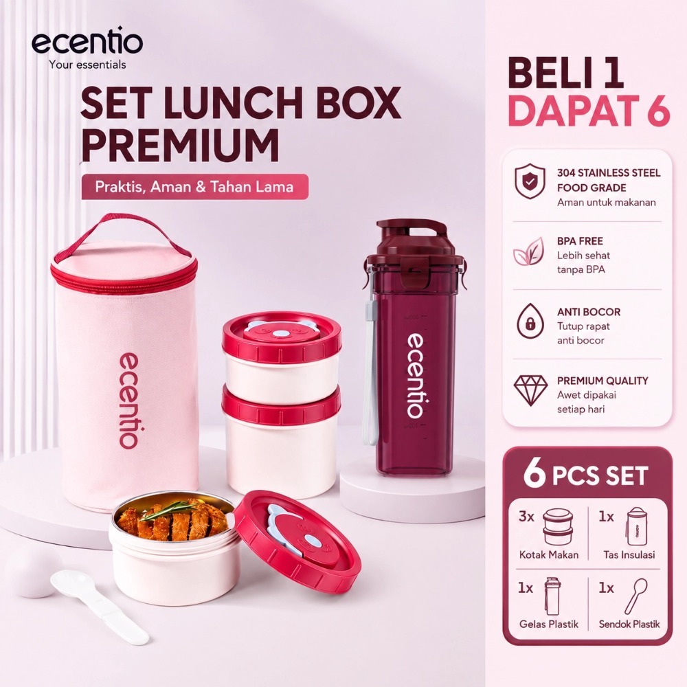 [BUY 1 GET 6] ecentio Lunch Box Set 3pcs pink 304 Stainless Steel Anti Bocor dengan Tas Bekal + Boto