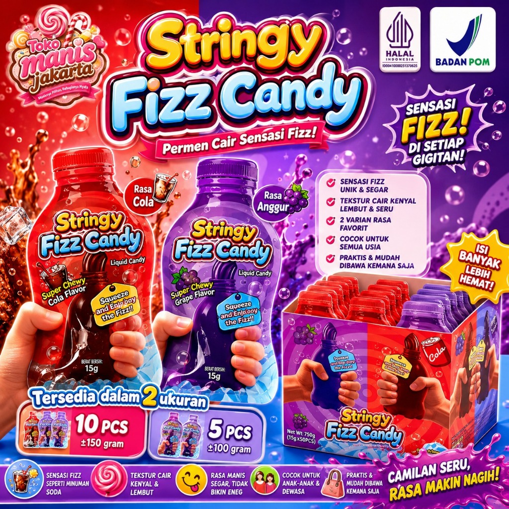 1 Box Squizzy Liquid Candy Stringy Fizz Candy - Permen Serat Elastis Sensasi Nikmati Ledakan Rasa Bu