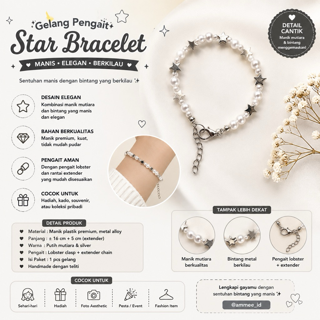 Star Silver Brachelet / Gelang pengait premium / Gelang pengait star