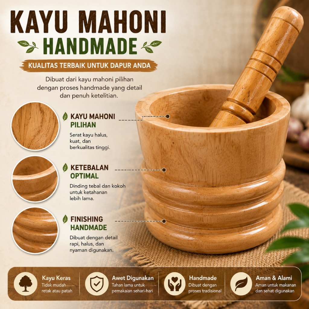 LUMPANG KAYU MAHONI 1 SET SIAP PAKAI 3 UKURAN MODEL UKIR + ALU | ALAT GEPREK AYAM KREMES MURAH