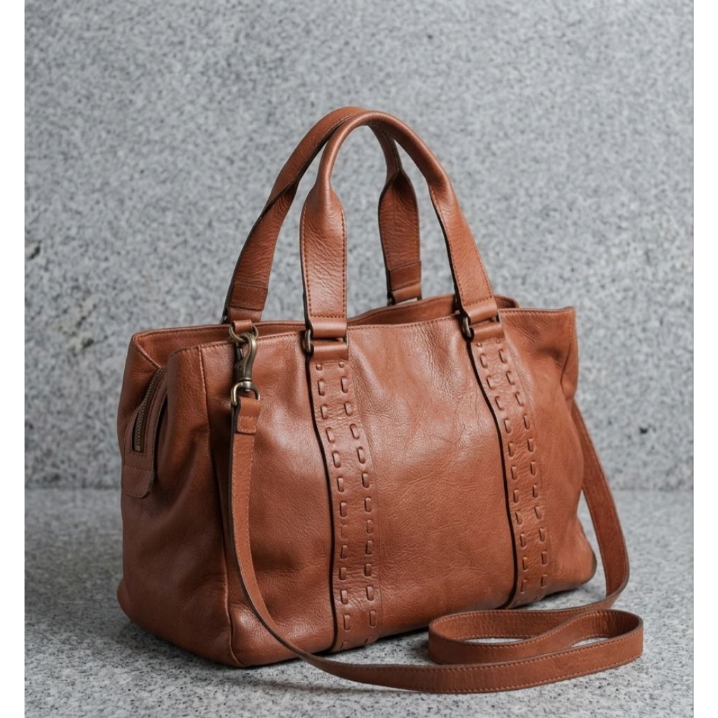 Massimo Dutti Tas Totebag Kulit Asli Wanita Massimo Dutti Preloved - Cokelat