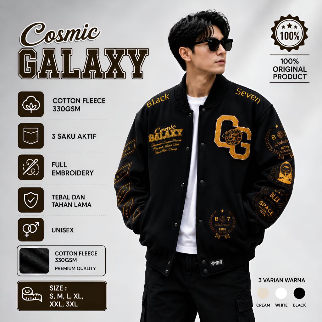 Varsity Jacket Cosmic Galaxy Black Gold Full Bordir Premium Pria Wanita Jaket Baseball Blackseven