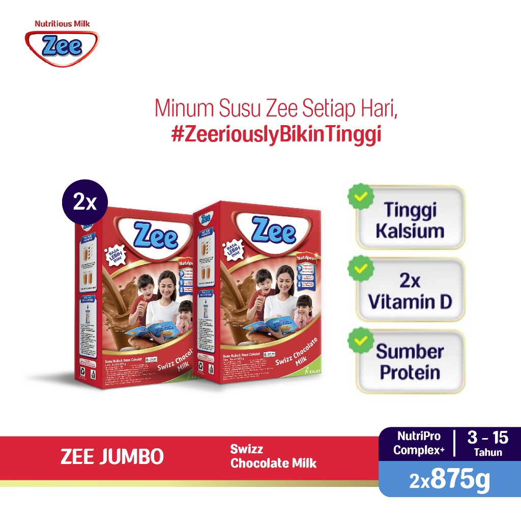 Zee Reguler Jumbo Swizz Chocolate Milk 875gr (2 Pack) - Susu Tumbuh Tinggi Lebih Cepat