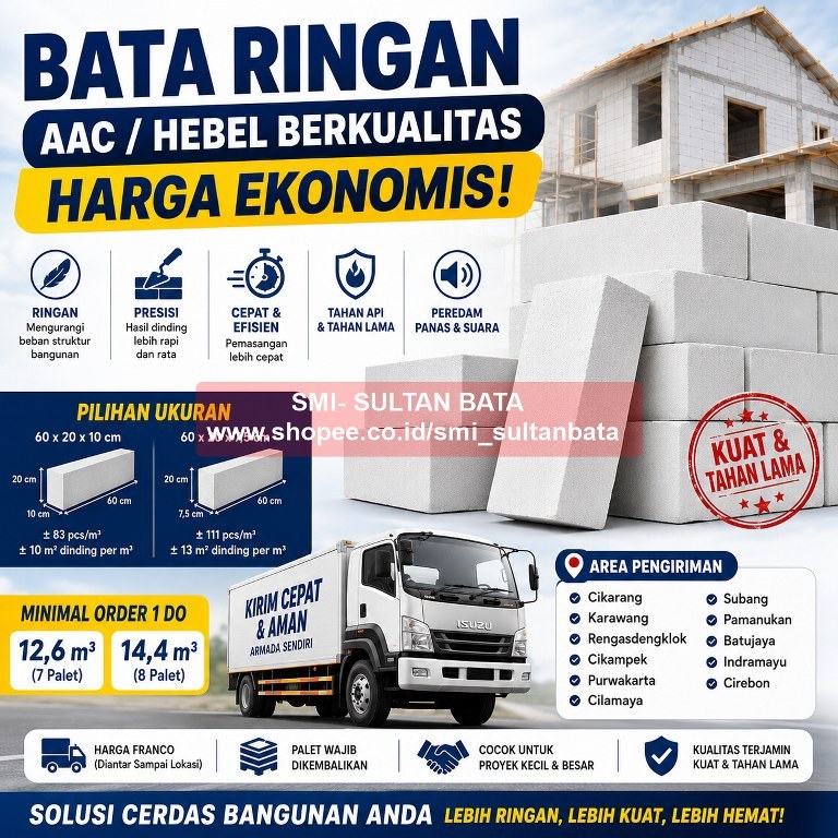BATA RINGAN AAC / HEBEL BERKUALITAS – HARGA EKONOMIS  MINIMAL ORDER 1 DO (12,6 m³ / 14,4 m³)  PENGIR