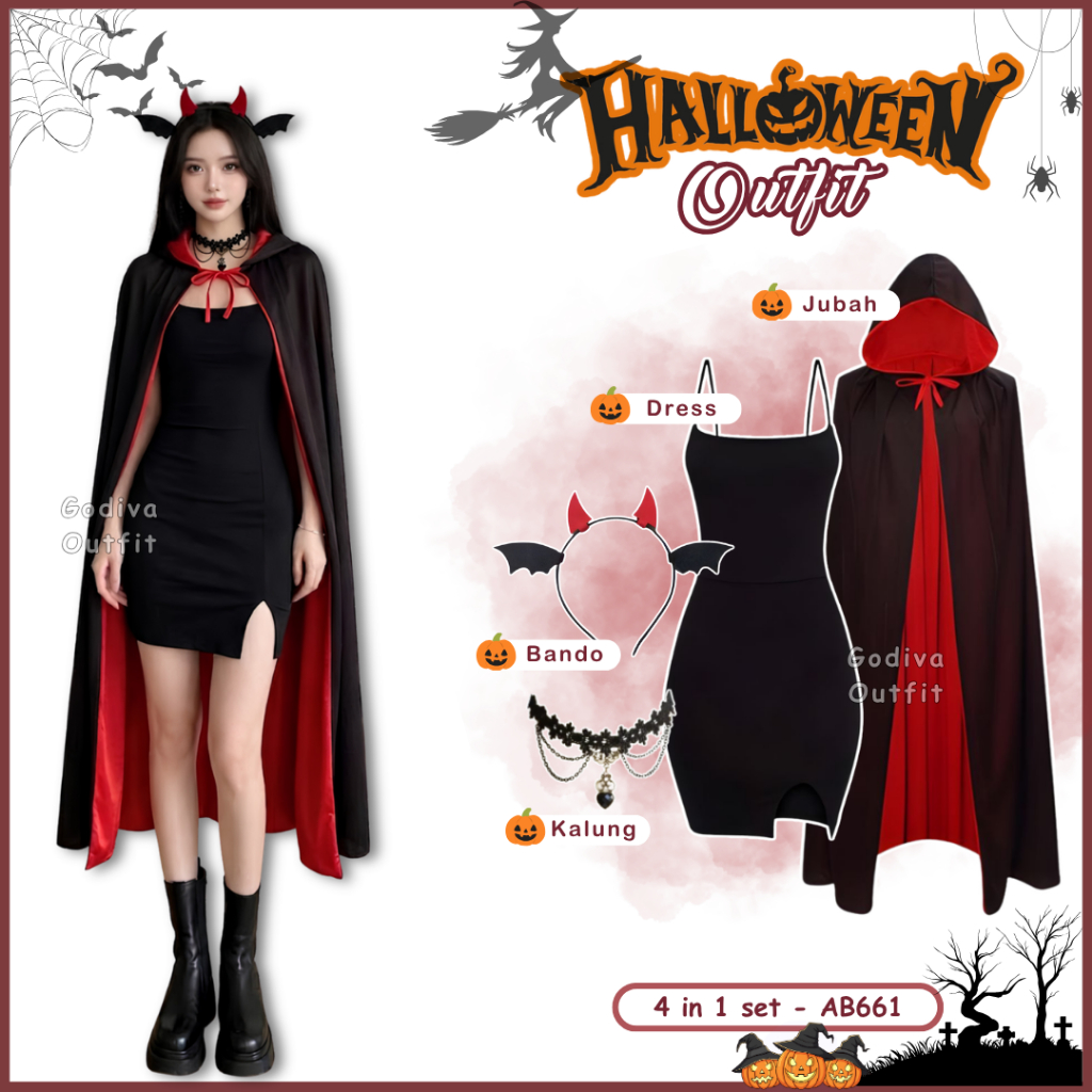 Godiva Outfit Halloween Dark 3in1 Set Gothic Style ( Kalung Choker + Bando + Dress + Jubah Vampir ) 