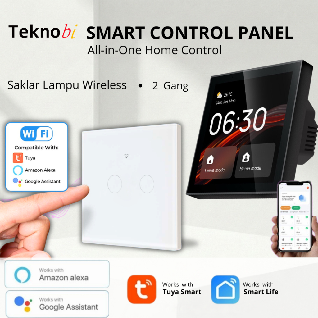 Teknobi Saklar Lampu Smart Control Panel Smart Home device Saklar 2 Gang  kontrol Tuya