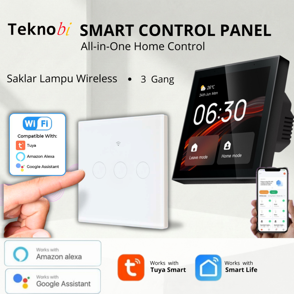 Teknobi Saklar Lampu Smart Control Panel Smart Home device Saklar 3 Gang  kontrol Tuya