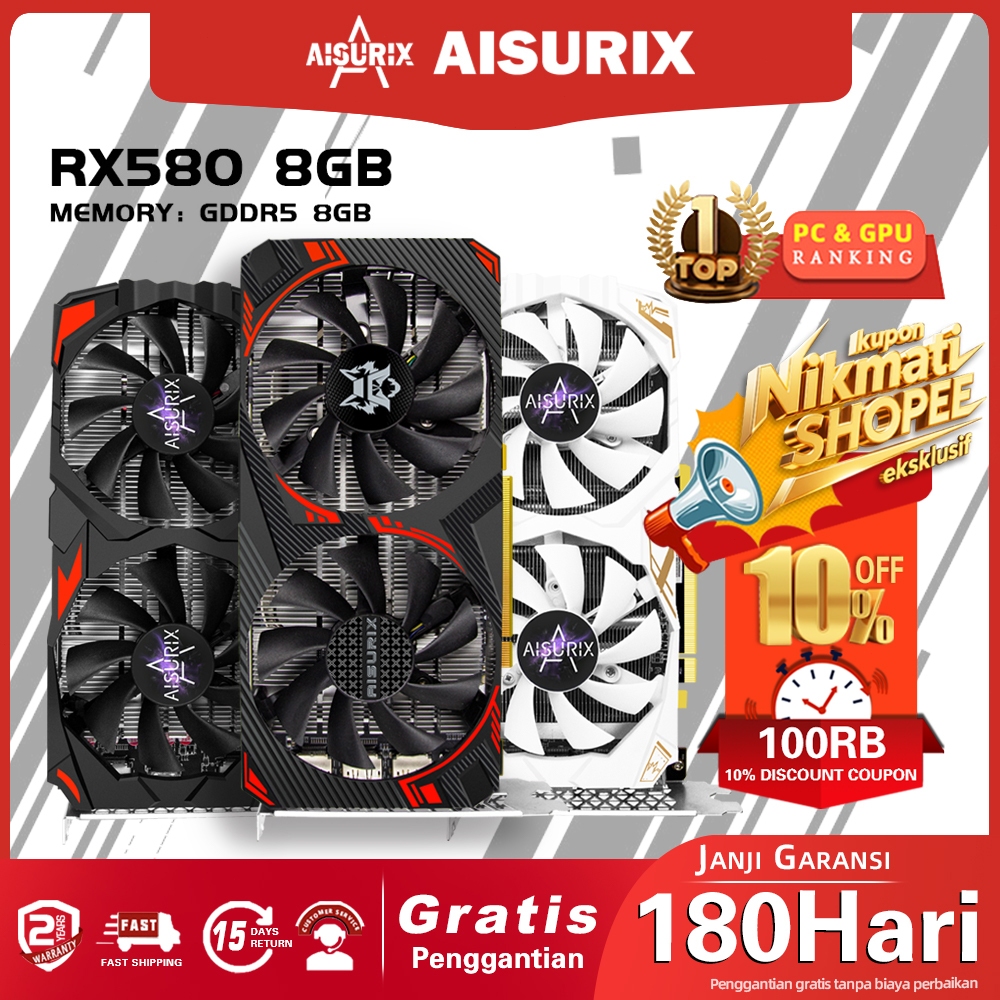 AISURIX VGA Card RX 580 8GB DDR5 256Bit 2048SP RX580 Kantor Kerja Game Kartu Video