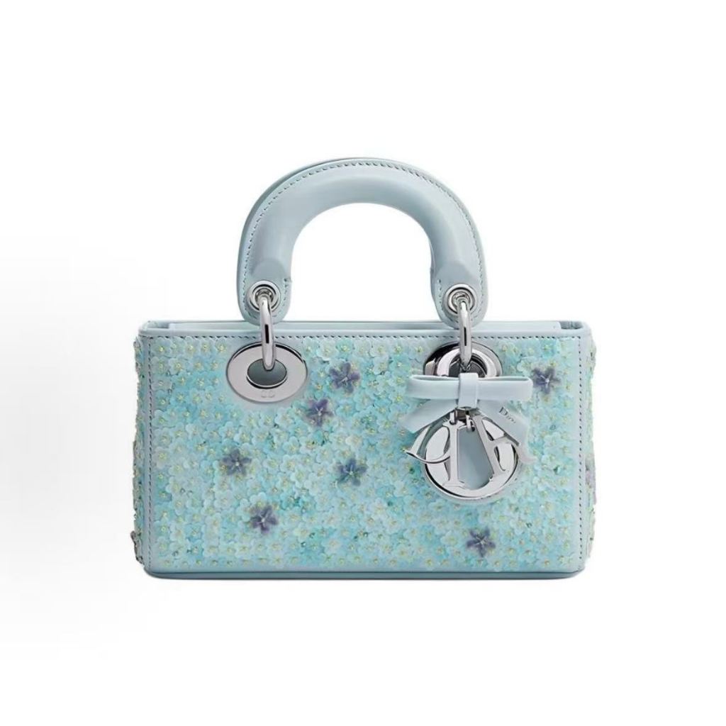 DIOR Dior Lady D-Joy Brand Logo Sheepskin Silk Glass Handbag Mini Women's Blue